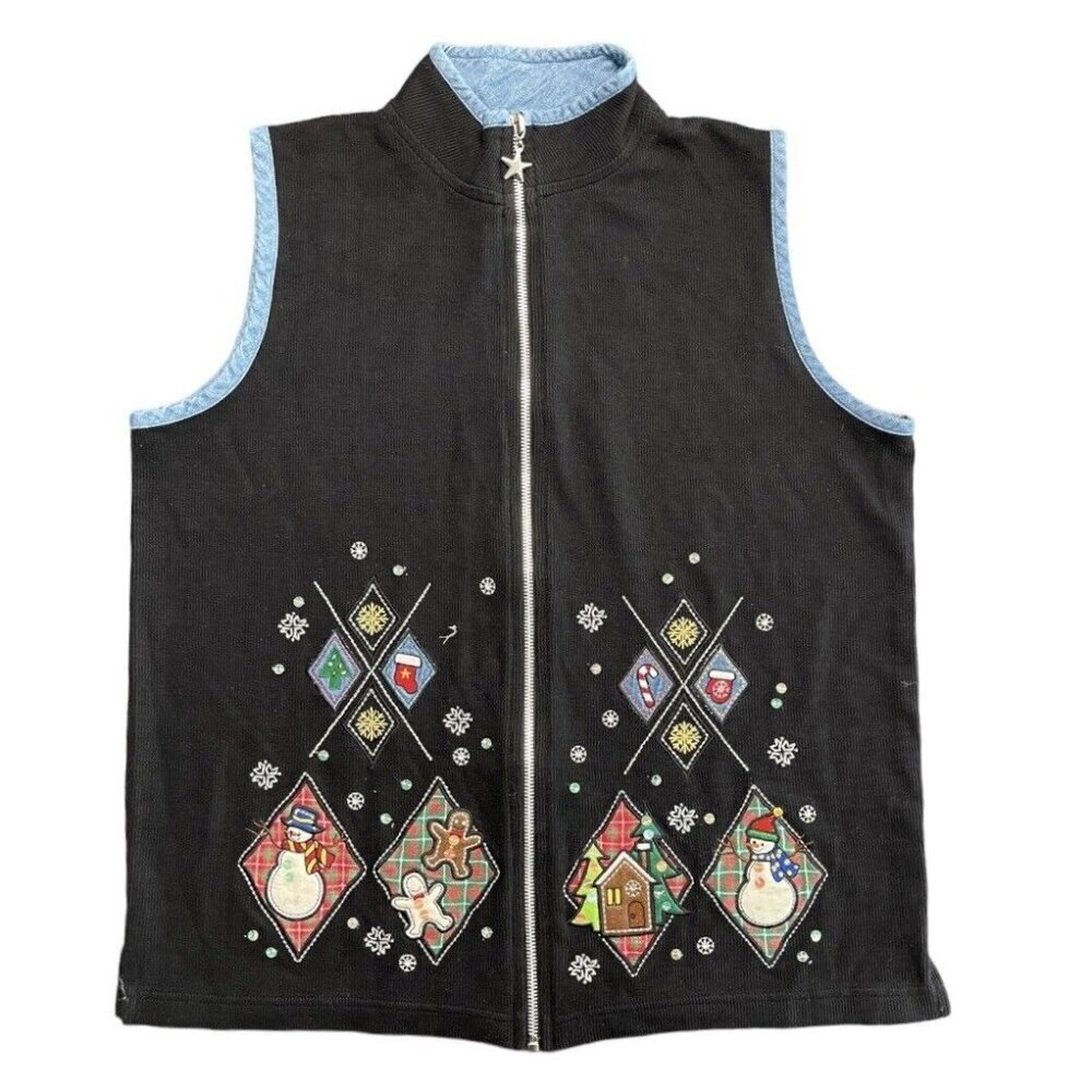 Vintage Christmas‎ Ugly Sweater Vest Black Sequin Embroidered Holiday Snowflake